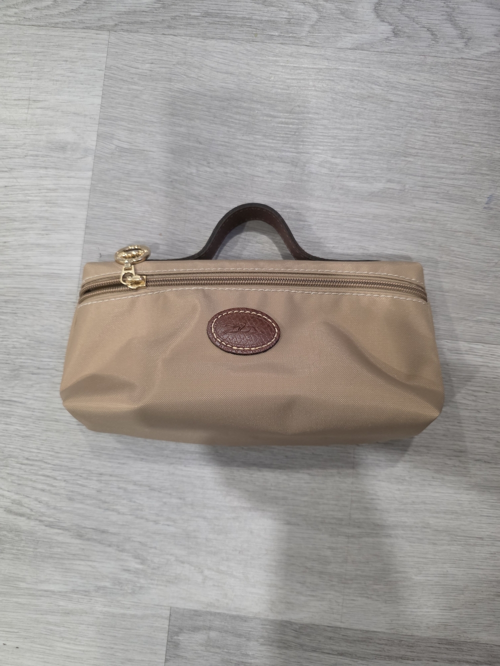 Longchamp Beige Cosmetic Pouch with Brown Handle